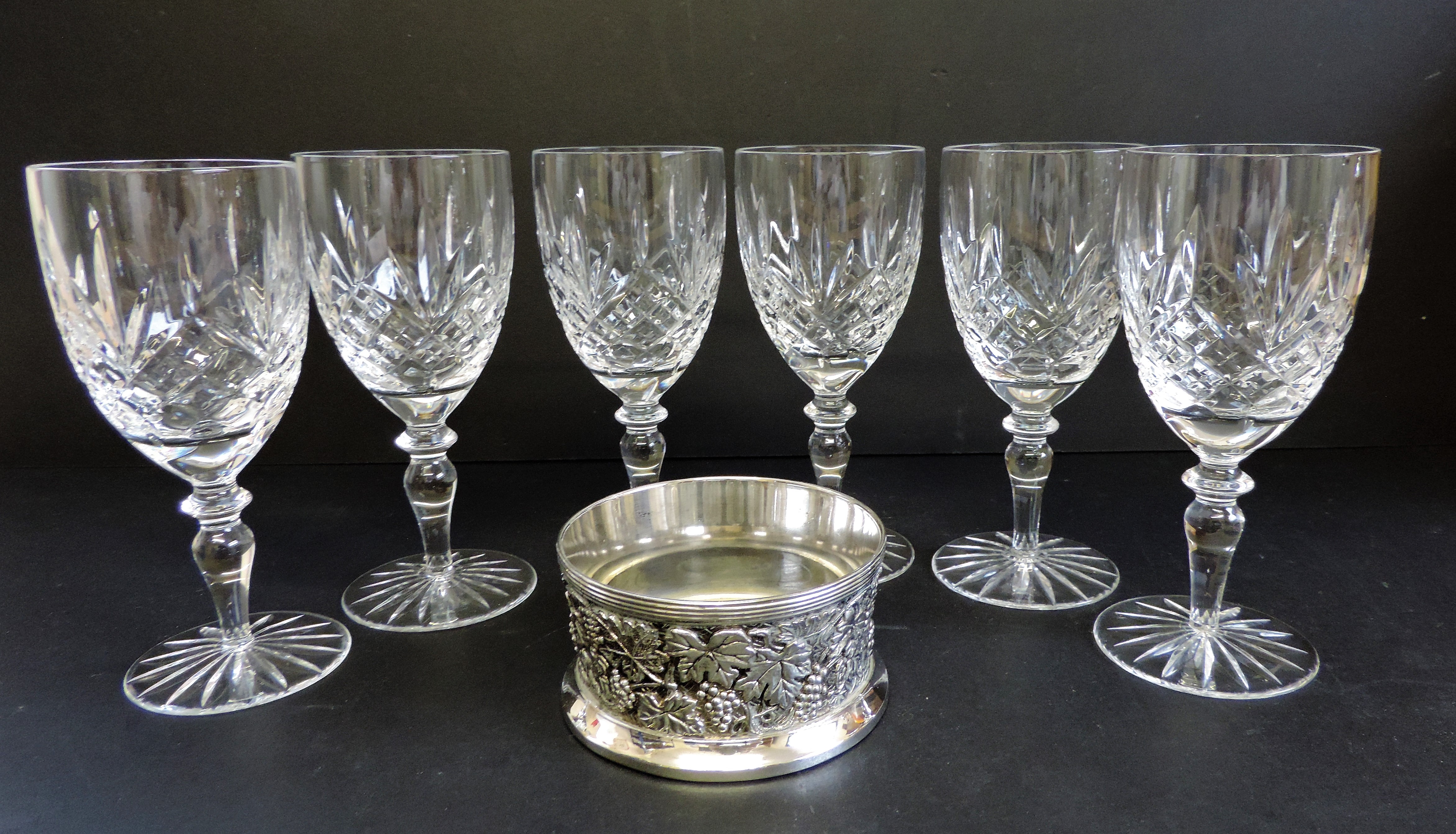 Set 6 Cut Crystal Wine Glasses & Silver Plated Bottle Coaster - Image 5 of 6
