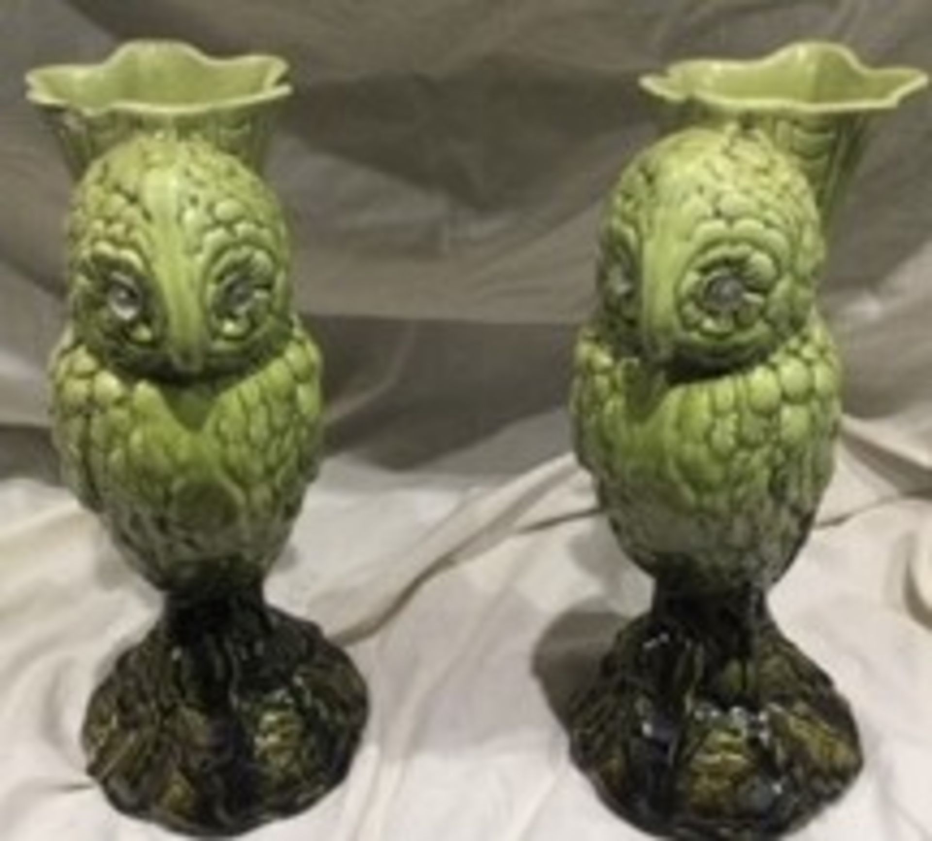 A Pair of Burmantofts Majolica Owl Spill Holders