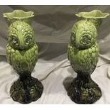 A Pair of Burmantofts Majolica Owl Spill Holders