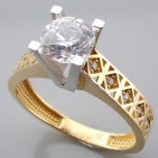 14K Yellow and White Gold Ring - Swarovski Zirconia Solitaire.