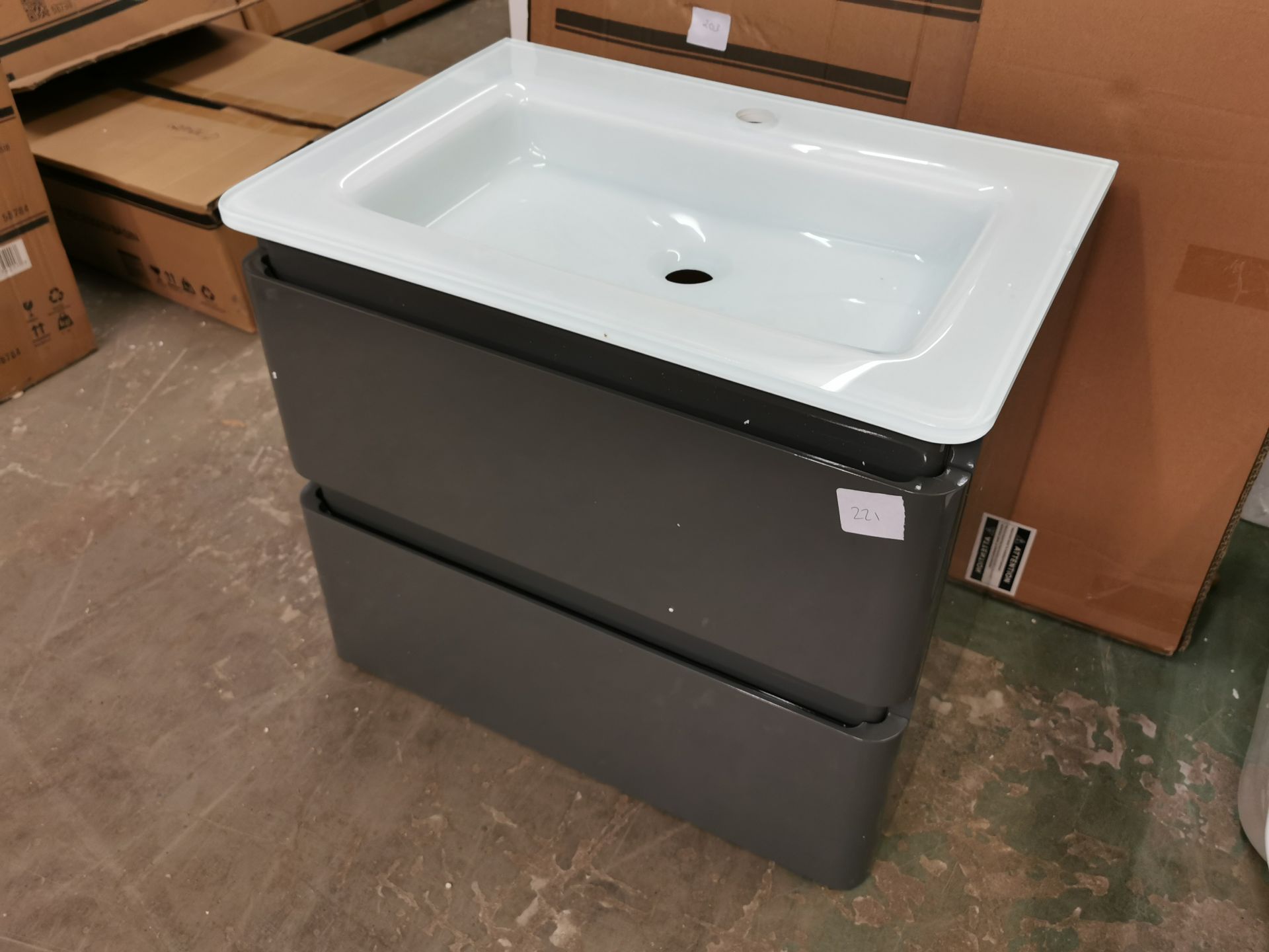 Two-Drawer Designer Wall-Hung Gloss Grey Unit with Glass Designer Sink RRP £368