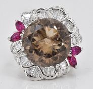 Ring - 1.73 Ct. Diamond - 11.86 Ct. Smokey Quartz, 1.06 Ct. Rubies