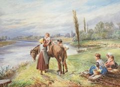 Attrib Myles Birket Foster 1825-1899 Exhib R.A, R.S.W, Watercolour "By the river"
