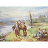 Attrib Myles Birket Foster 1825-1899 Exhib R.A, R.S.W, Watercolour "By the river"