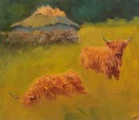 Marion De’Ath signed oil on board Highland cattle