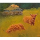 Marion De’Ath signed oil on board Highland cattle