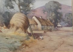 Robert Russell Macnee signed watercolour haystacks in farmyard