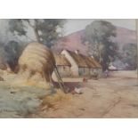 Robert Russell Macnee signed watercolour haystacks in farmyard