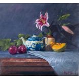 Peter Munro Contemporary Scottish Artist, Oil Still Life Little Blue Tea Pot