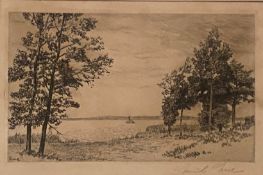 Etching Scottish Highland loch scene indistinctly signed in pencil