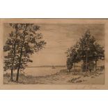 Etching Scottish Highland loch scene indistinctly signed in pencil