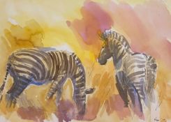 Darrel Nero (South African) signed watercolour Zebras