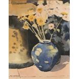 Original signed still life watercolour "Moorcroft and daisies" by Scottish artist Nigel Grounds