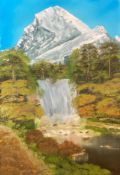 Large Indistinctly signed oil on board Mountain landscape