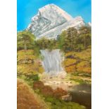 Large Indistinctly signed oil on board Mountain landscape