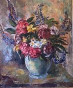 Large oil painting Lupins and Dahlias by Scottish artist Sir William MacTaggart FRSE RA RSA