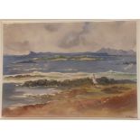 E C Rae signed Scottish watercolour Eigg looking over to Skye coastal scene