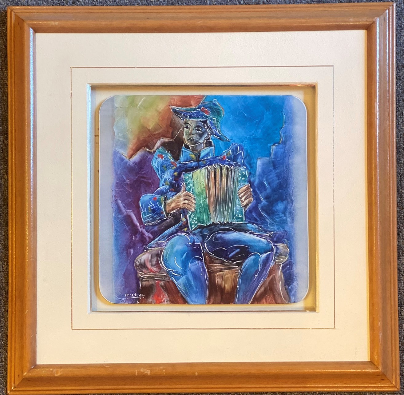 “Accordion player” framed ceramic tile indistinctly signed - Image 3 of 3