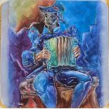 “Accordion player” framed ceramic tile indistinctly signed