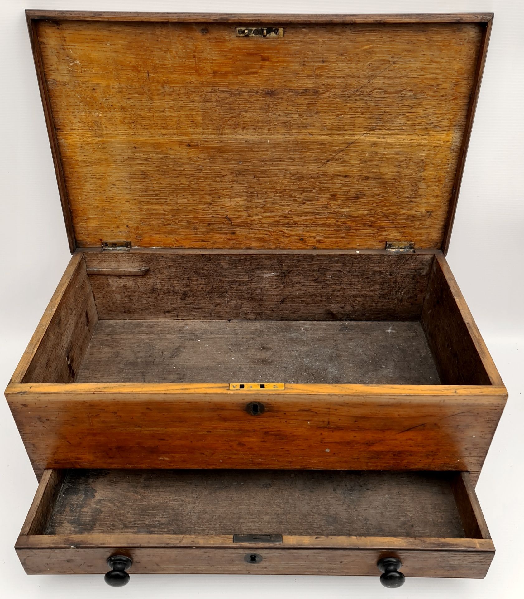 Antique Oak Wooden Tool Chest With Iron Handles