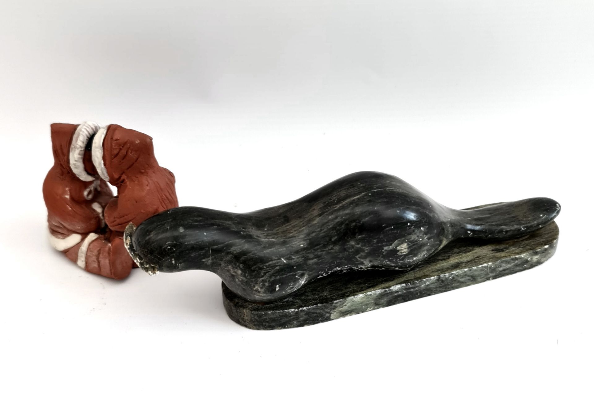 Vintage Eskimo Inuit Style Figures Eija Seras Kissing Sculpture & Stone Seal - Image 2 of 5