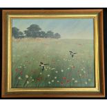 Vintage Framed Painting Oil on Board Swallows & Poppy Field Signed Wheeler