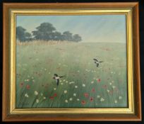 Vintage Framed Painting Oil on Board Swallows & Poppy Field Signed Wheeler