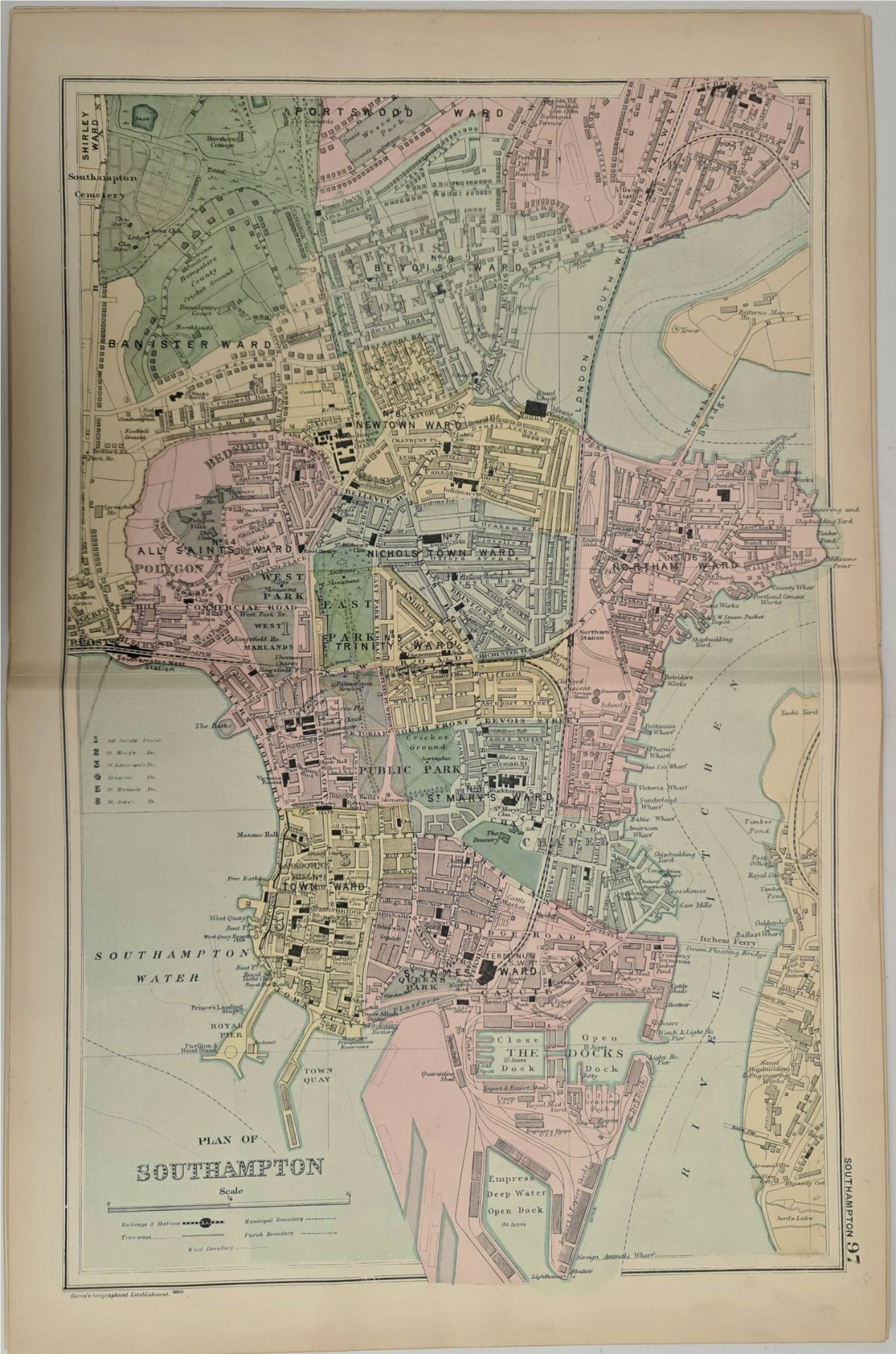 Antique Map 1899 G. W Bacon & Co Plan of Southampton