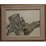 Vintage Framed Painting Oil on Board Seated Man Smoking c1960's