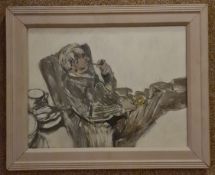 Vintage Framed Painting Oil on Board Seated Man Smoking c1960's