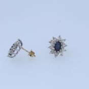 9k Yellow And White Gold Sapphire And Diamond Stud Earrings