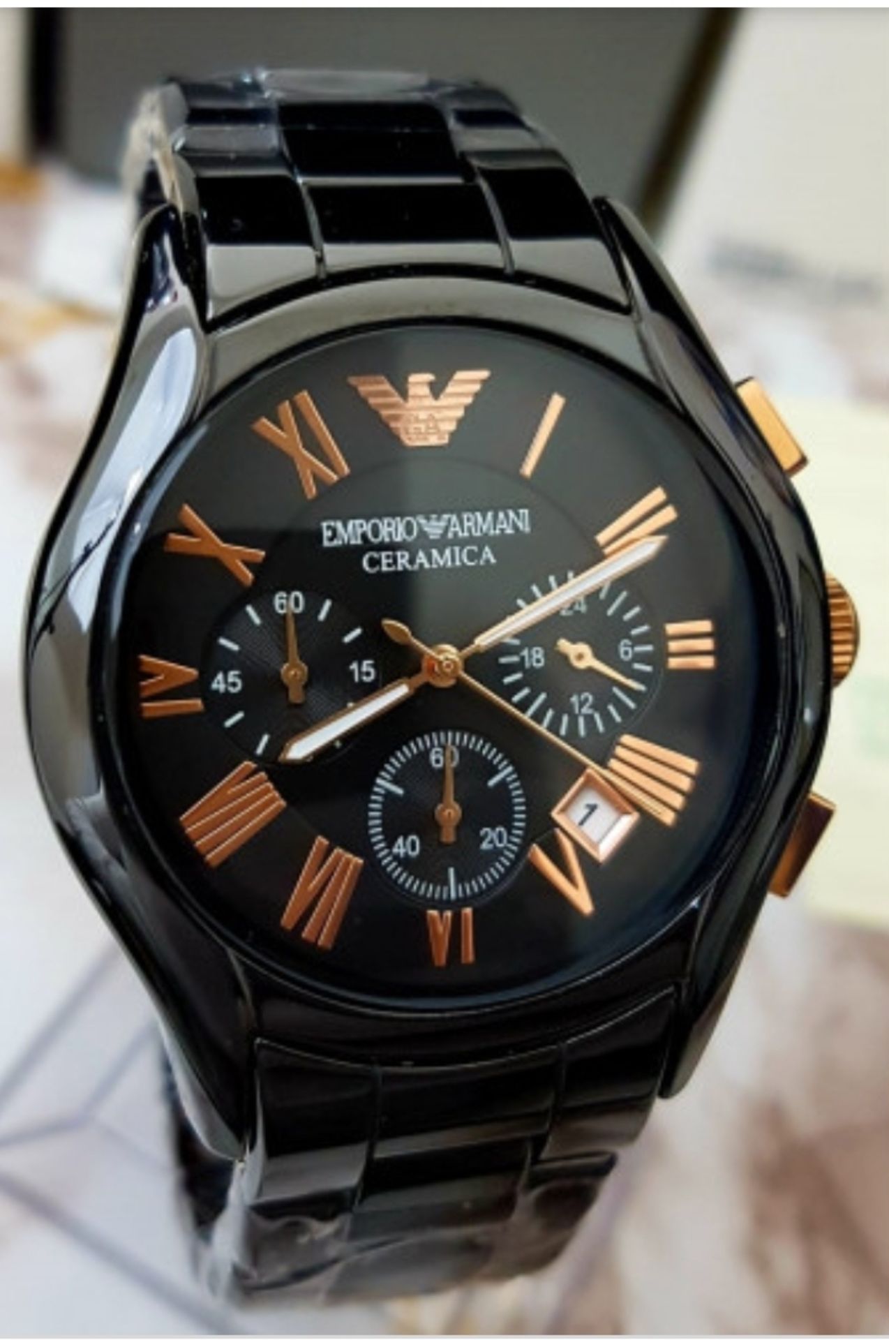 Emporio Armani AR1410 Men's Ceramica Rose Gold & Black Quartz Chronograph Watch - Image 5 of 11