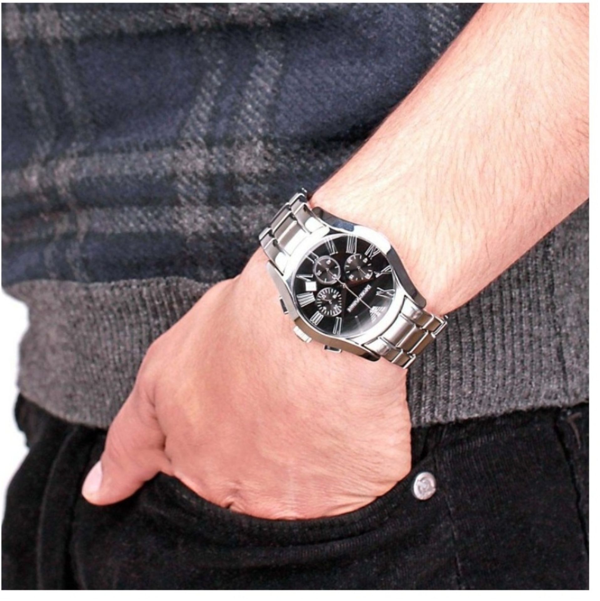Emporio Armani AR0673 Men's Black Dial Silver Bracelet Quartz Chronograph Watch - Image 6 of 7