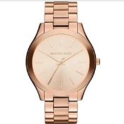 Michael Kors Ladies Glitz Slim Rose Gold Tone Runway Watch MK3197