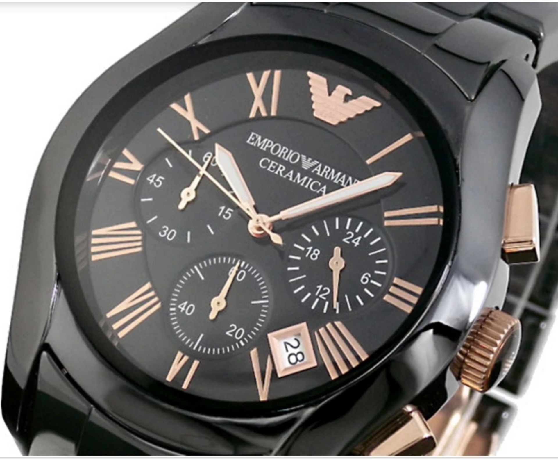 Emporio Armani AR1410 Men's Ceramica Rose Gold & Black Quartz Chronograph Watch - Image 6 of 11