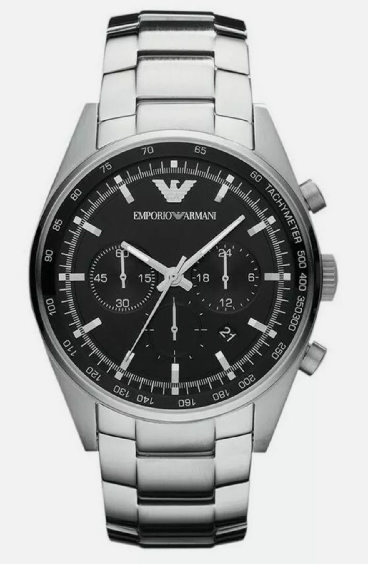 Emporio Armani AR5980 Men's Sportivo Black Dial Silver Bracelet Quartz Chronograph Watch