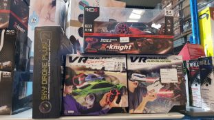 (R1B) Toys. 4 Items. 1 X MTech Sky Drone Plus, 1 X Red5 X Knight Extreme Speed Buggy. 1 X VR Real