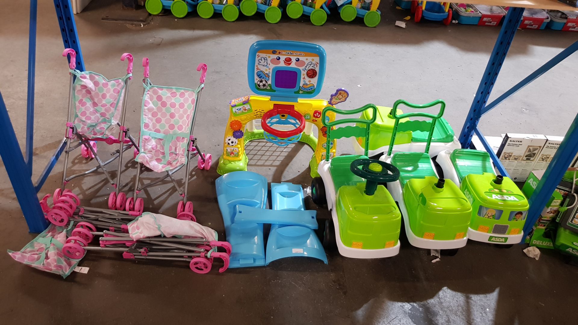 (R3P) Toys. Contents Of Floor. To Include 4 X My Sweet Baby Doll Prams 1 X Vtech 2 In 1 Sports Cen