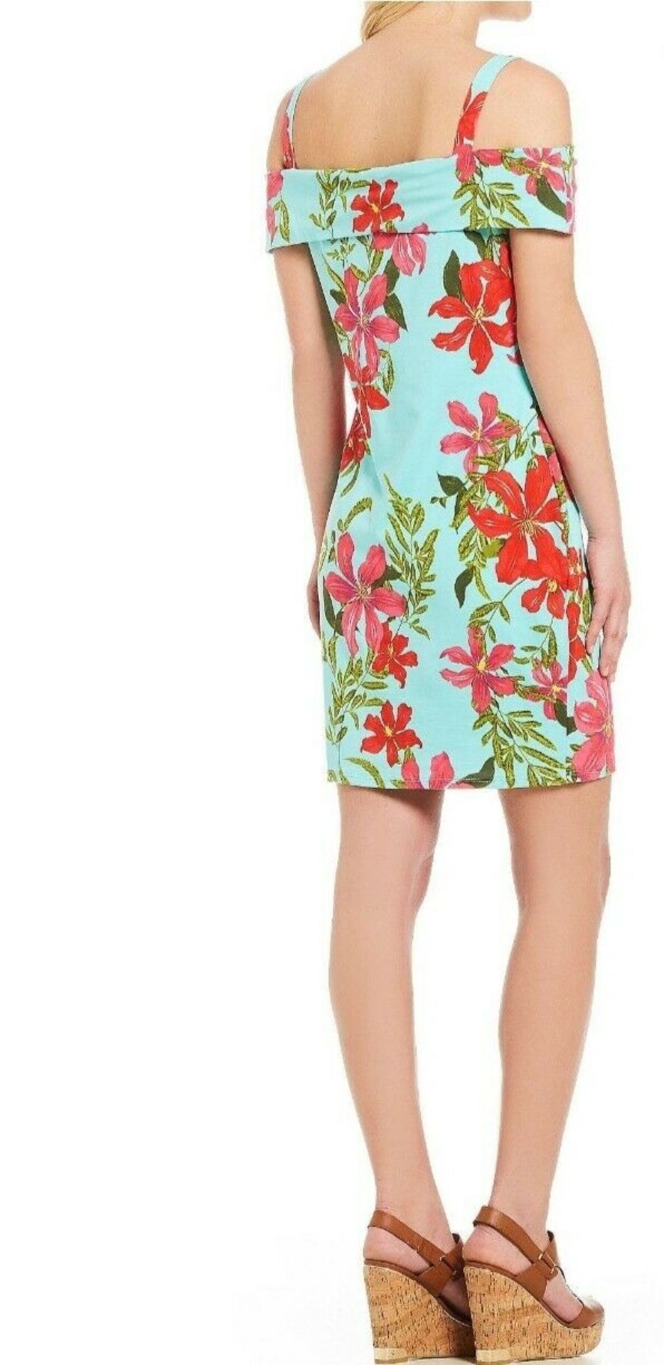 Guess Aqua Pink Cold - Shoulder Floral Print Bodycon Dress - Size S - Image 2 of 2