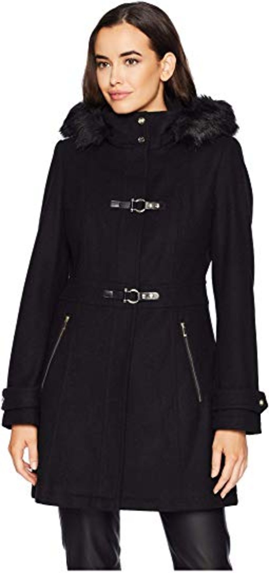 Ivanka Trump Faux-Fur-Trim Hooded Toggle Coat Black Rrp £177