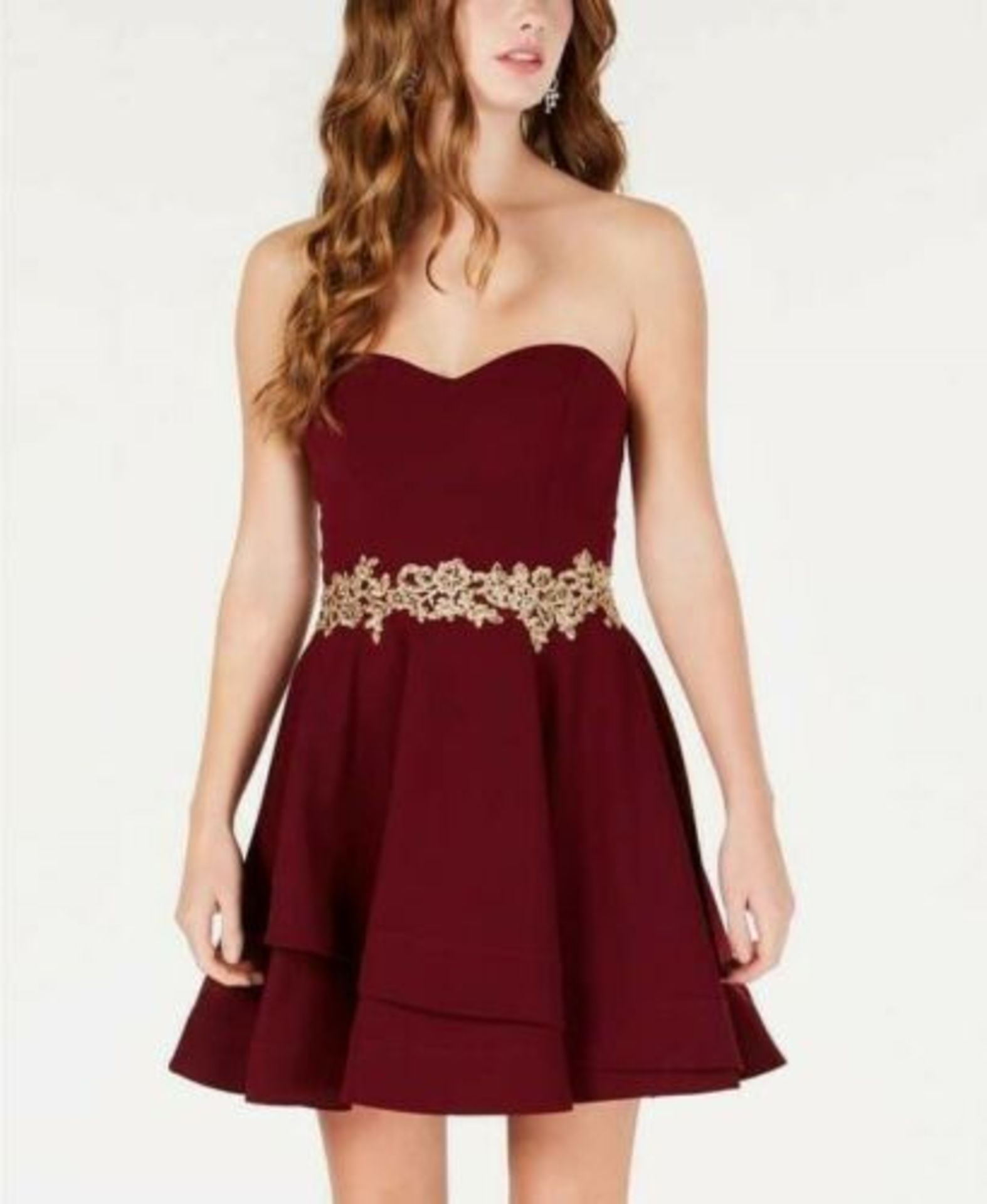 B Darlin Juniors' Embroidered-Waist Fit & Flare Dress Uk 6 Colour Dark Garnet/Gold Rrp £70