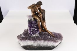 Two Lovers Cast in Solid Bronze on Genuine Amethyst Crystal Base