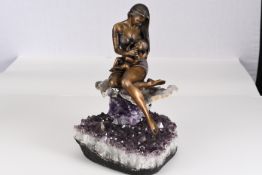 Bronze Sculpture of Mother and Baby set on Genuine Amethyst Crystal