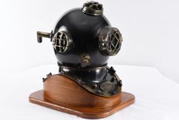 Large 20"Divers Helmet on Wood Base with Brass Fittings.