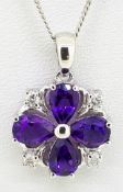 9ct White Gold Pear Shaped Amethyst & Diamond Pendant on Curb Chain - 16"