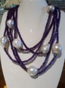 Baroque Pearl & Amethyst Long Rope Necklace with Silver Gilt - 72"