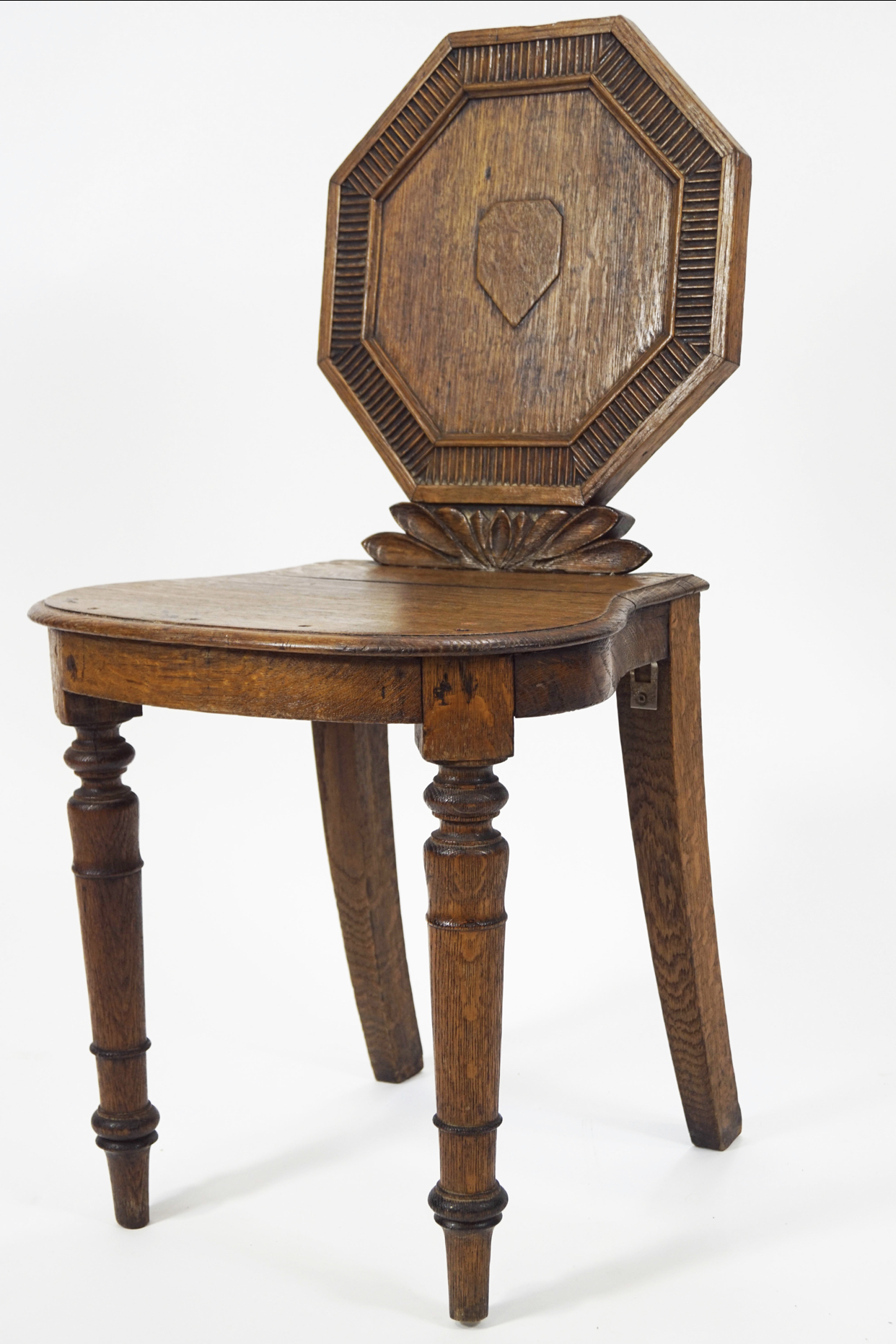 A 19th century oak hall chair, with octagonal back, solid seat and turned legs - Image 2 of 3