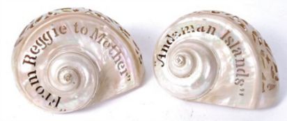Two Colonial folk art pearl shells one 'From Reggie to Mother' the other 'Andaman Islands'