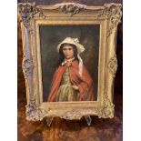 Oil painting on board of young girl in white bonnet and red cloak