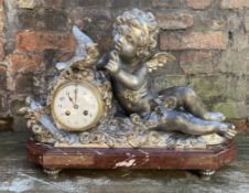 C19th pewter clock on a a rouge marble base